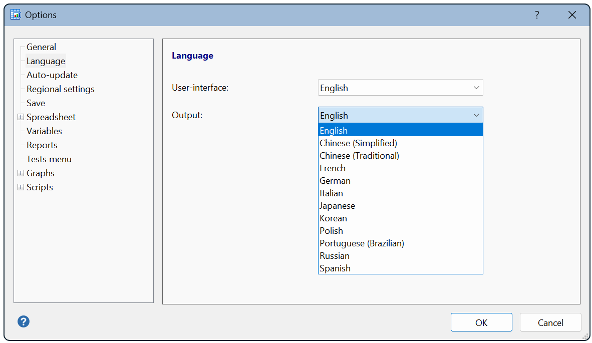 Sélection de la langue dans MedCalc